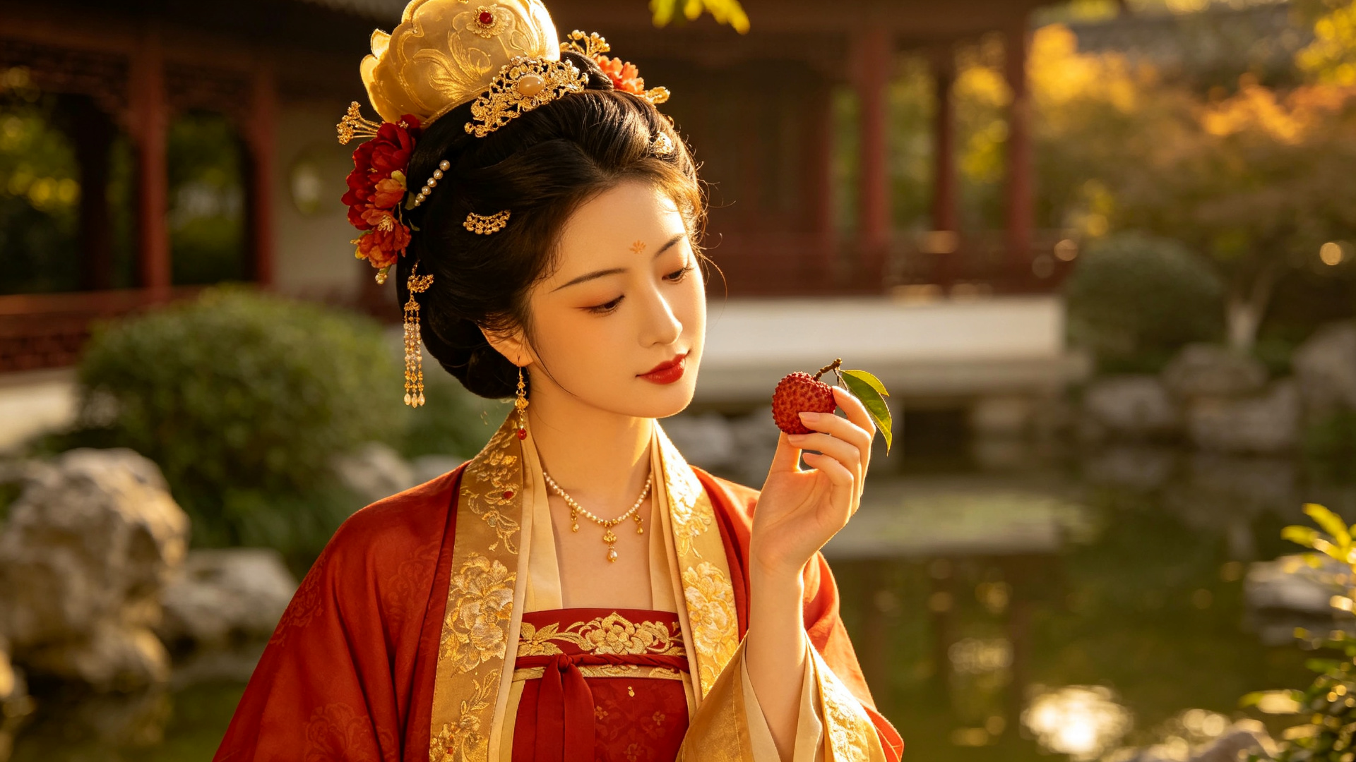 古装女子手持荔枝